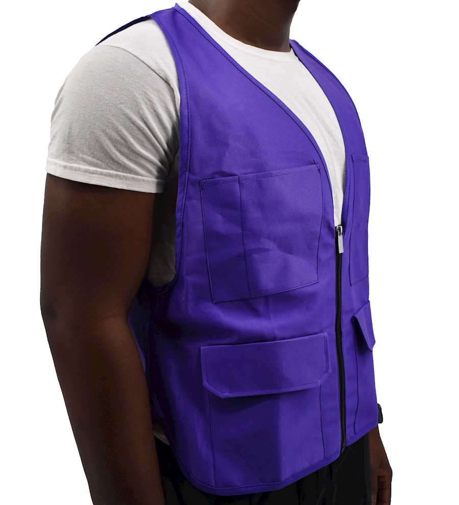 purple shirt grey vest